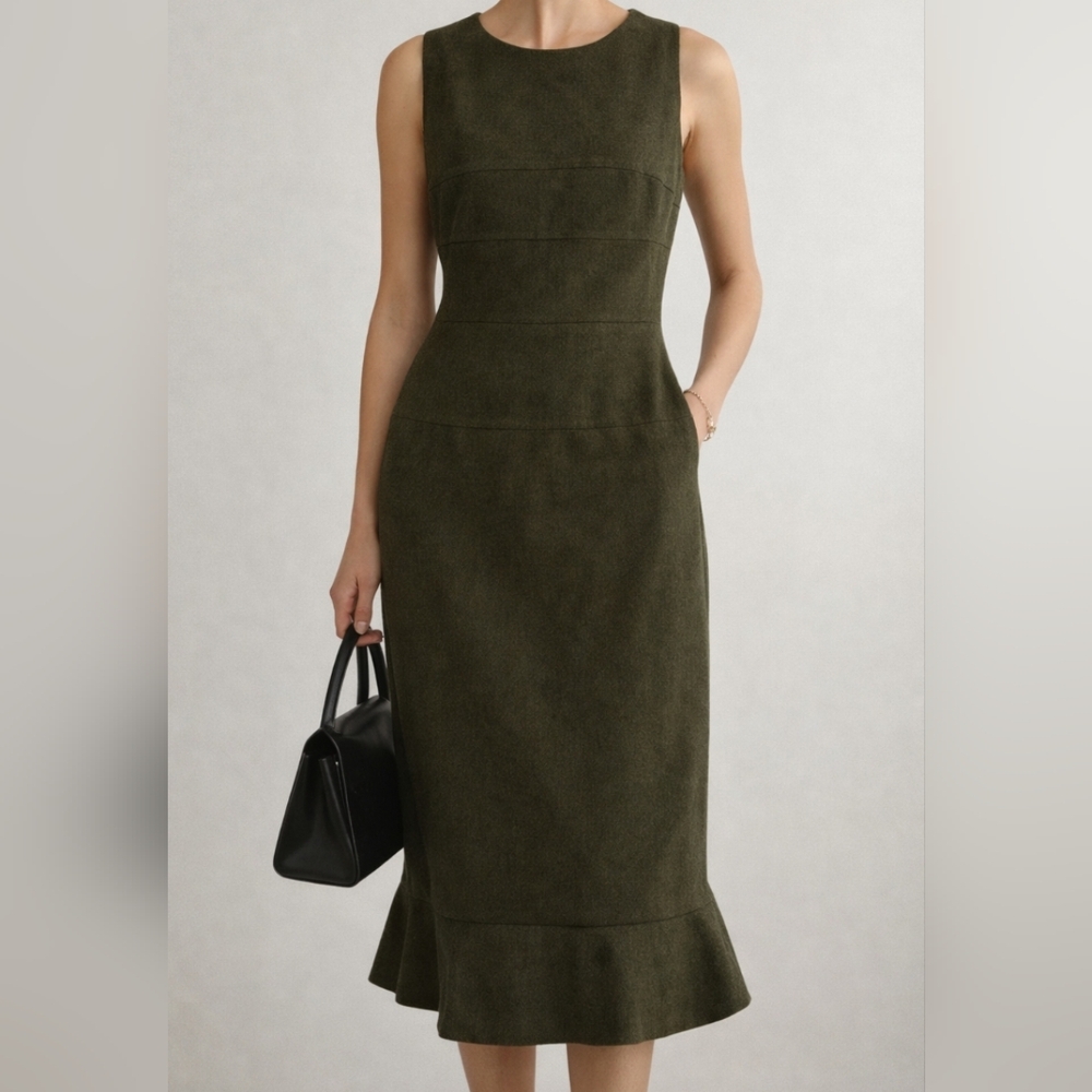 Charlotte Brody NY Wool Cashmere Sheath Dress Olive Silk Lined Size 8 Luxury